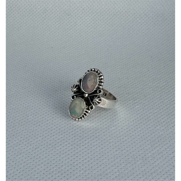Faceted Opal Double Oval Scrollwork Bypass Ring Size 7 Multicolor - Picture 2 of 3